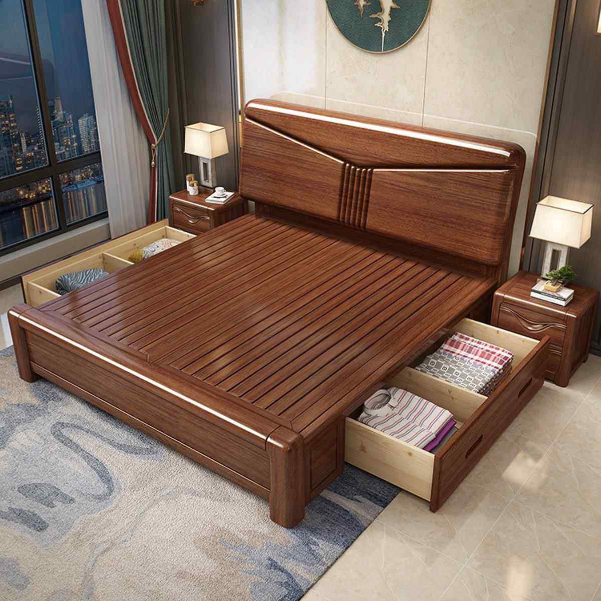 中式实实木胡木木床1桃.5双人床厂家直ZKM销储物中纯式床新中式