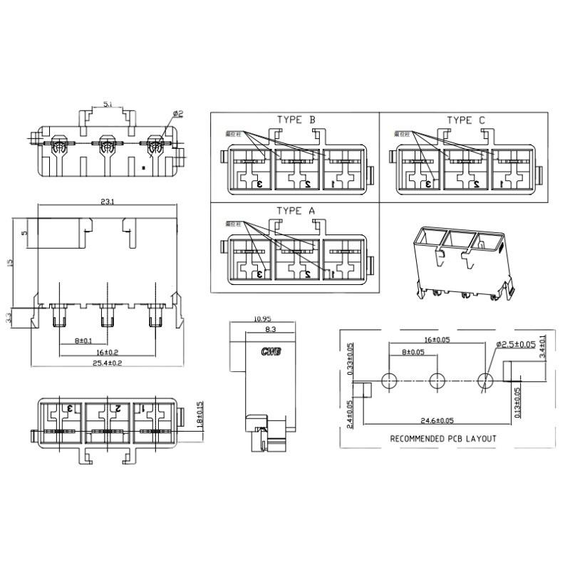 CWB合兴接插件 TJC80001-3A 白色 连接器 3P焊板直针座