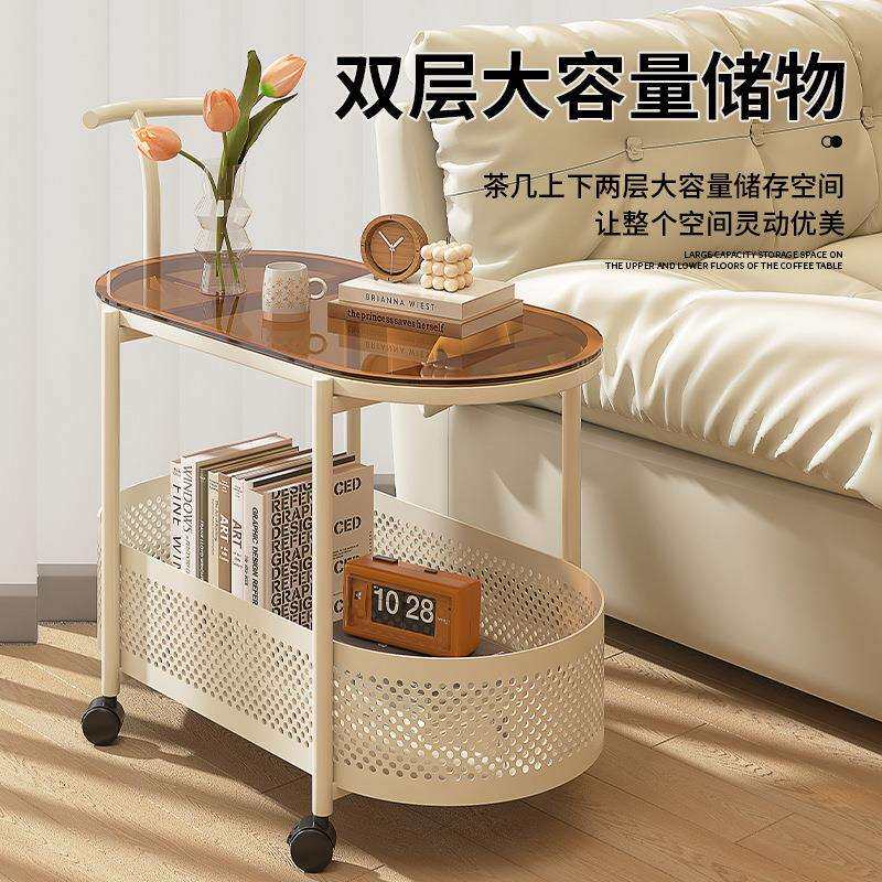 北欧钢化玻璃可移动沙发边几边柜简约现代床头侧边柜小茶几小推车