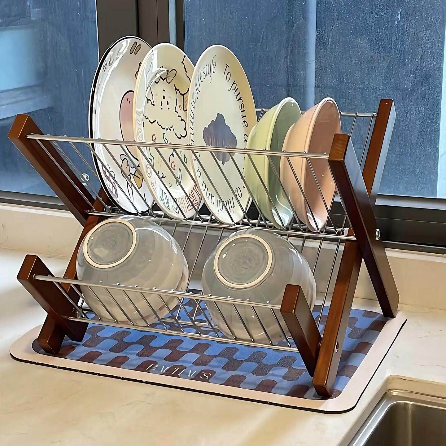 【厨房好物】可折叠沥水碗碟架双层日式竹制台面盘子晾干置物架