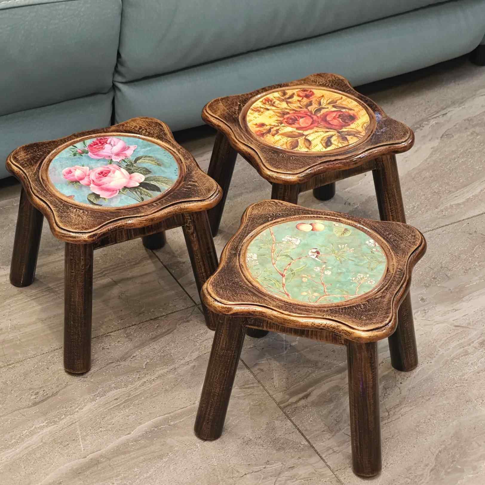 美式乡村小凳子实木家用换鞋凳欧式田园矮凳圆凳覆古做旧艺术新款