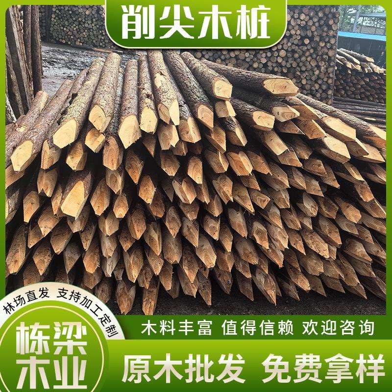 削尖木材原木木桩加工原木打桩松木桩杉护坡防汛整治木桩林场直销