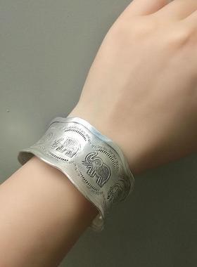泰国清迈手工银手镯大象手镯银饰品女复古首饰古法开口银镯高档