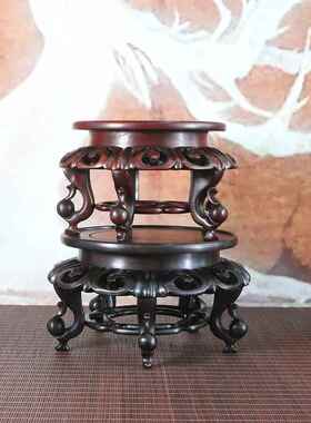 天然红木紫光檀红酸枝花架 花瓶盆景茶壶奇玉石头实木质圆形底座