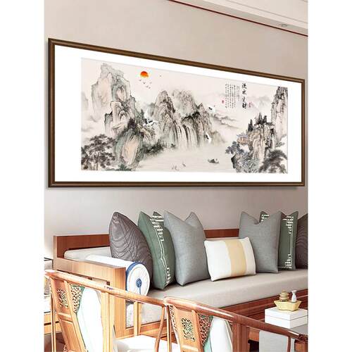 流水生财山水画客厅茶室茶台装饰画老板办公室沙发中式挂画靠山图