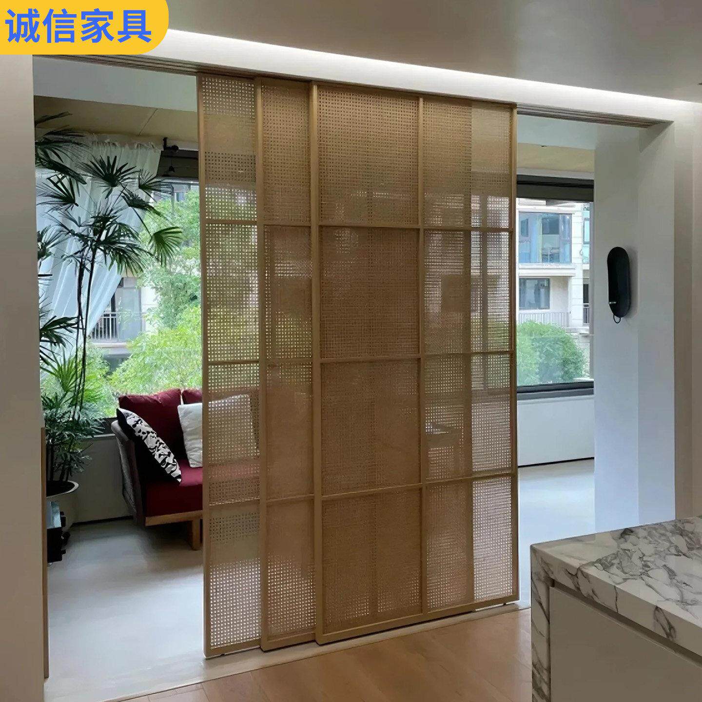 定制藤编门实木藤编屏风移门联动门隔断门推拉门折叠门藤编柜门