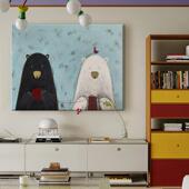客厅卡通黑白色小熊手绘油画玄关小众艺术挂画抽象儿童房装 饰壁画