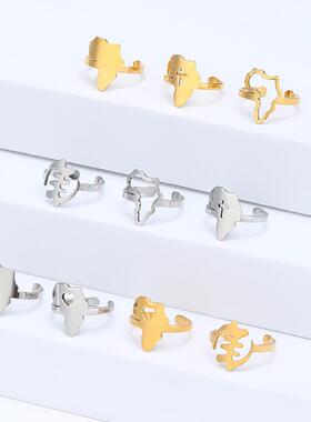 时尚新款钛钢光面金色非洲地图造型戒指生日礼物派对女性开口戒指