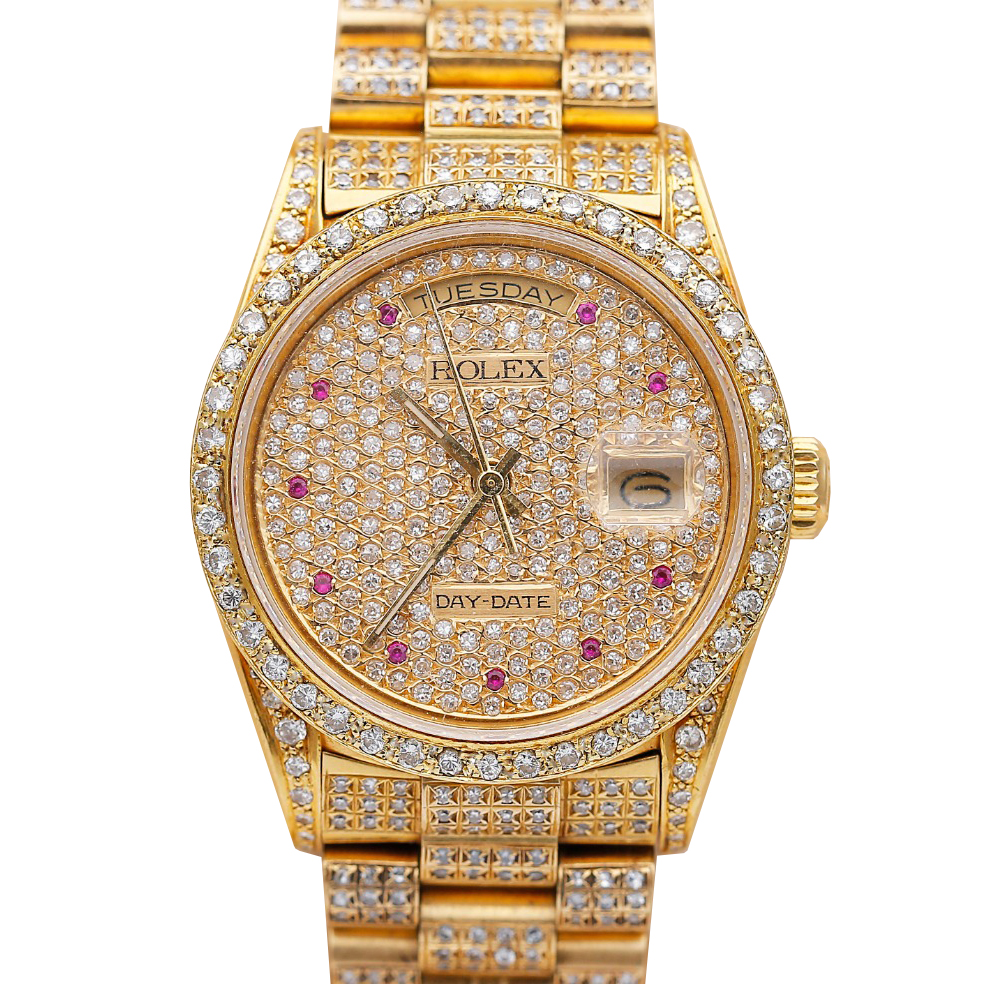 正品[9.8新]劳力士星期日历型满天星后镶钻自动机械男表18238