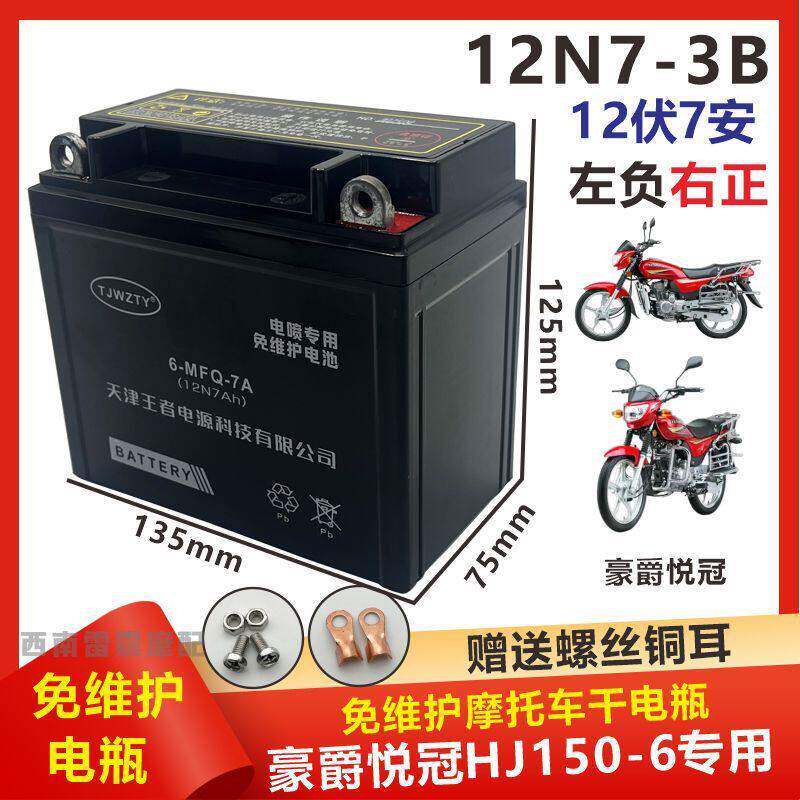 适用豪爵悦冠HJ150-6A/6D/6G摩托车干电瓶免维护蓄电池12V7-3B