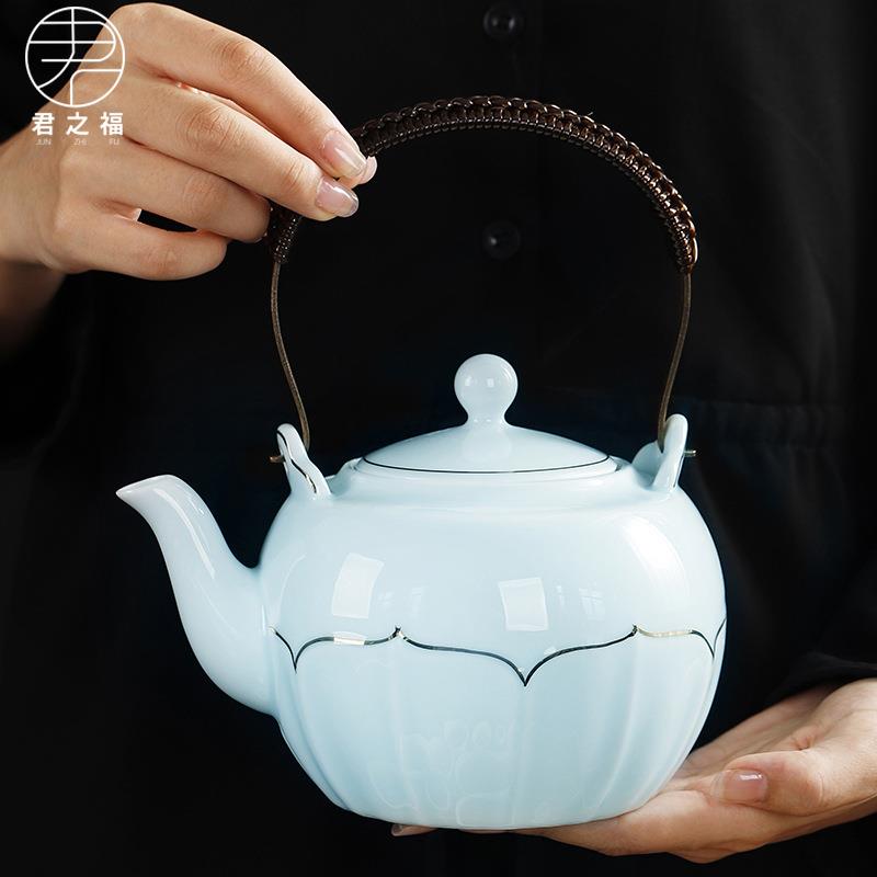 影青瓷提梁壶茶具装浮雕荷描金韵20240618大容量壶茶茶套杯整套带