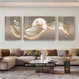 饰画中式 简约客厅装 沙发墙面三联镶钻壁画现代风羽毛水晶卧室挂画