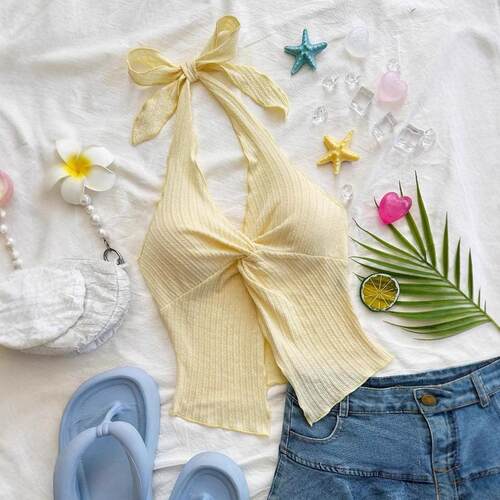sexy halter tie back criss cross cut out strap tank top