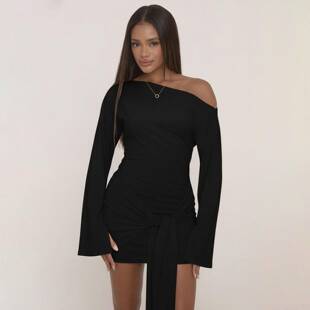 Street Style Minimalist Solid Off-Shoulder Bat Sleeve Dress.