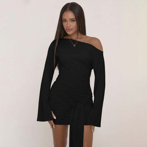 Street Style Minimalist Solid Off-Shoulder Bat Sleeve Dress.