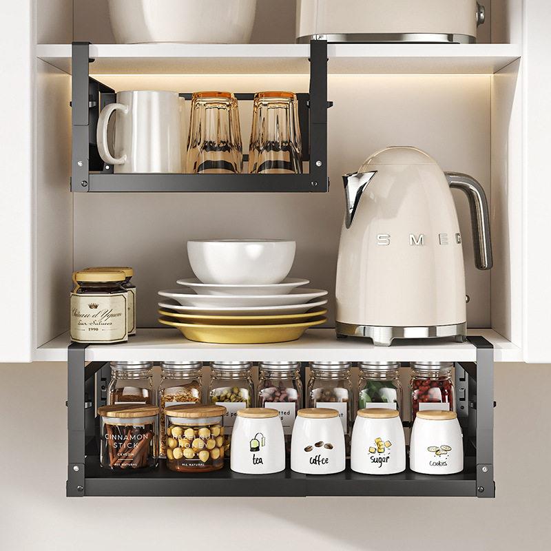 厨房置物架橱柜内分层纸巾吊柜下可伸缩保鲜膜调味料免打孔挂篮子