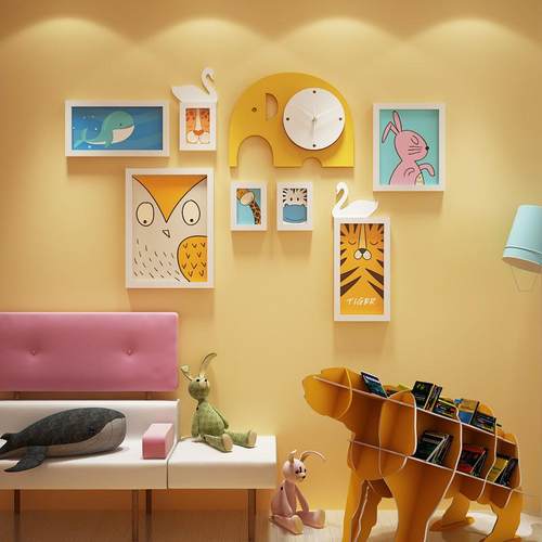 实木_6191_FTL卡通实大木片墙儿组童合相框装饰画象照真钟表可换