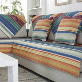 简约现代双面全纯棉沙发垫布艺坐垫，套扶手靠背，巾条纹红灰蓝棕色格
