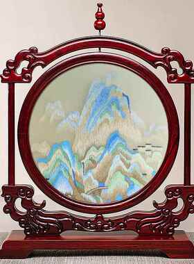 高档苏手工绣摆件双面刺工绣艺品新中式桌面办公室装饰国台屏中风