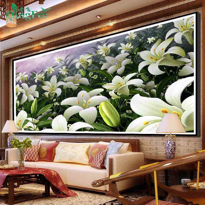青飞精准印布新款百合花园十字绣简约现代百花齐放挂画越南柬埔寨