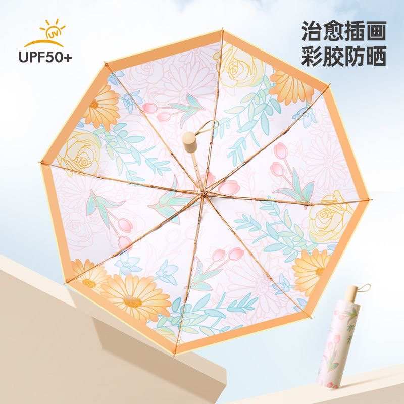 彩胶小清新插画手开木柄三折伞折叠女金架子遮阳礼品伞厂家现货