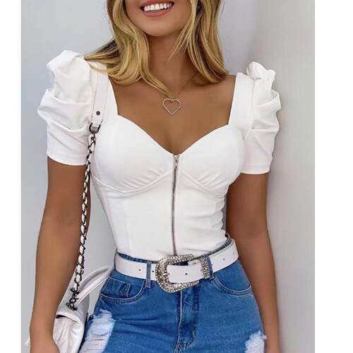 Fluffy sleeve front zipper women's top