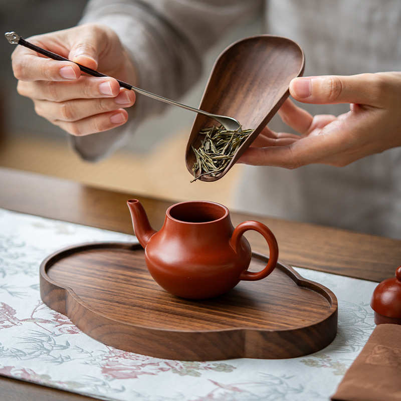 胡桃木茶则茶拨两件套中式禅意功夫茶具茶道配件实木赏茶器取茶荷