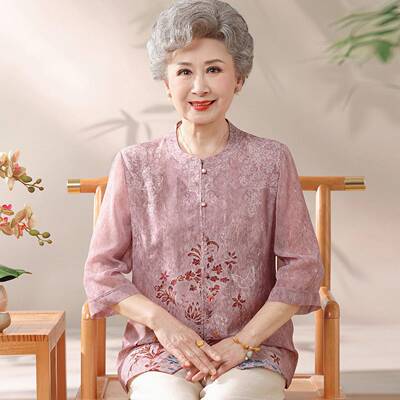 民族风中老年人衬衫女透气夏装桑蚕丝100%套装奶奶真丝开衫上衣薄
