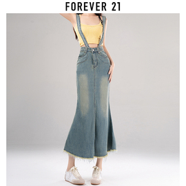 Forever 21美式复古牛仔背带裙女春夏高腰开叉包臀鱼尾中长裙