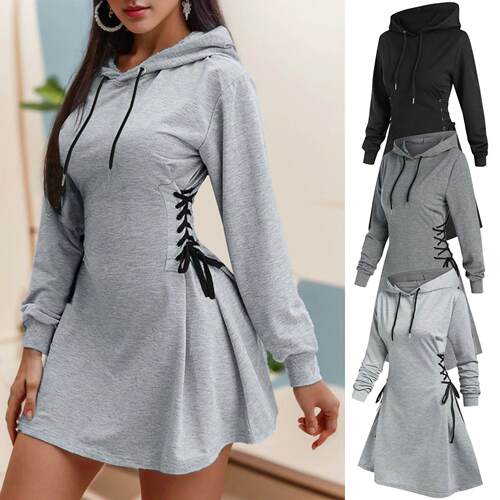 Women Tie Waist Mini Dress Hoodies V Neck Long Sleeves Slim