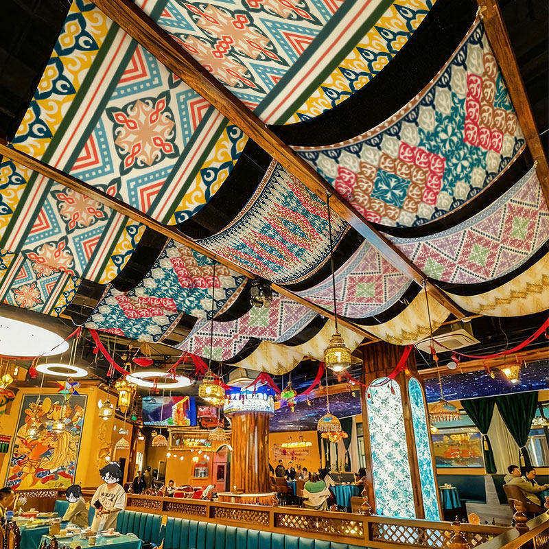 定制蒙古族民族风花纹天幕挂布餐厅民宿吊幔天花板吊顶装饰氛围布