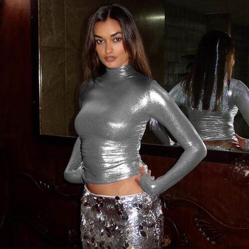 1 Spring Summer Metallic Shiny Glossy Mock Neck Crop Top