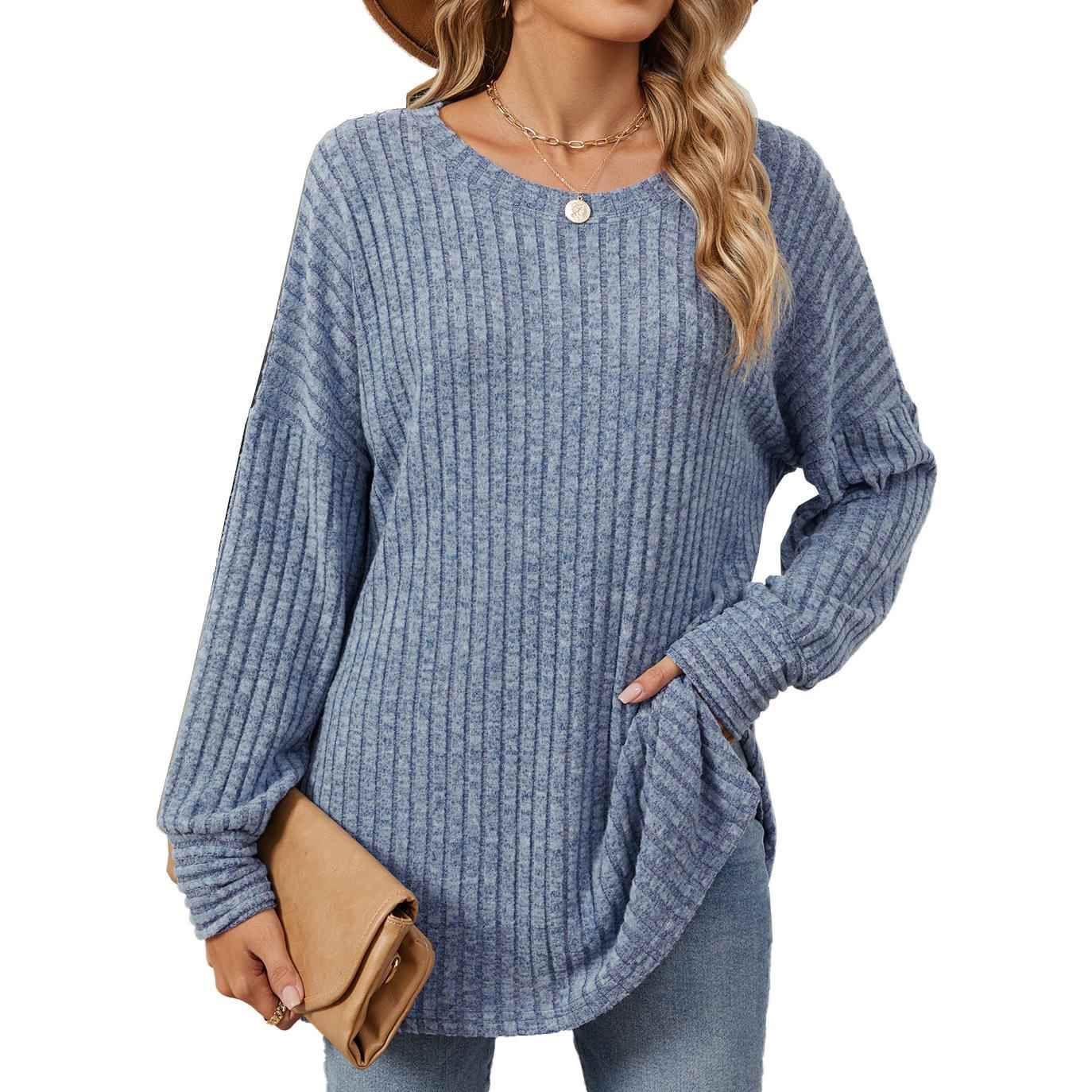 Round neck solid color casual long sleeve T-shirt top