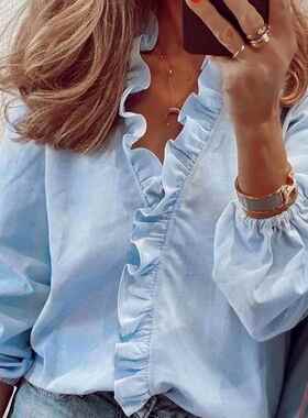 Elegant White Ruffle Blouse Shirts Women Autumn Spring Long