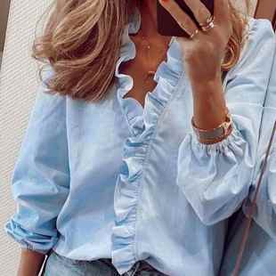 Elegant White Ruffle Blouse Shirts Women Autumn Spring Long