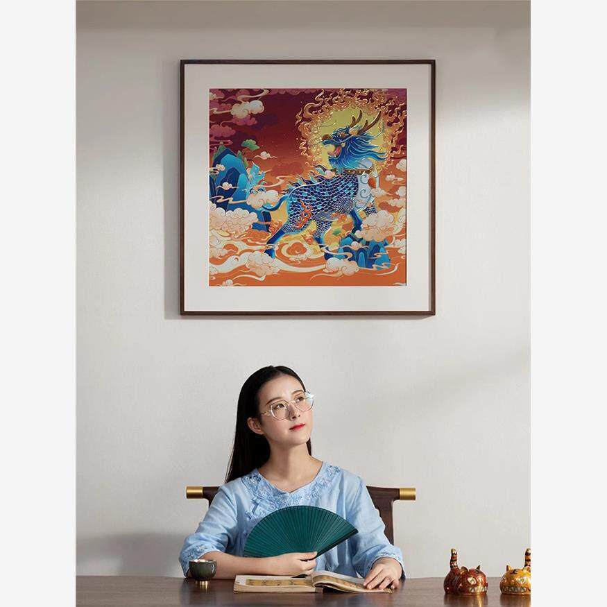 《麒麟祥瑞》客厅装饰画玄关画新中式寓意好新年装饰画背景墙挂画