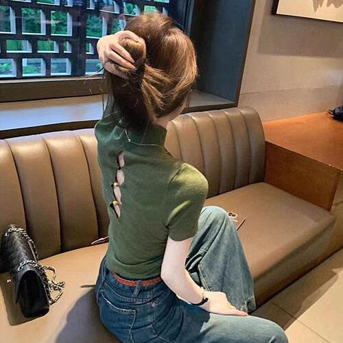 DOEN MOCY绿色镂空冰丝薄款短袖针织衫女夏季修身显瘦t恤短款上衣
