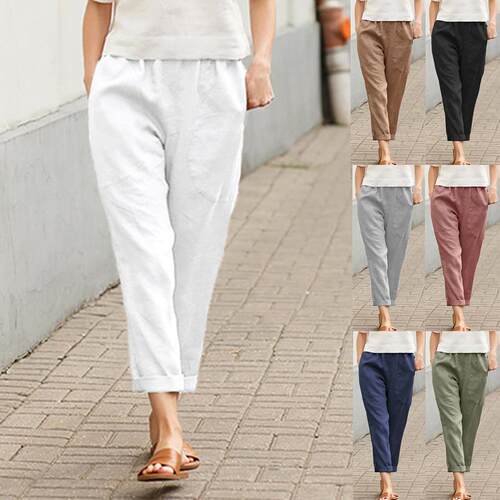 Women's large pocket cotton and linen pants straight leg