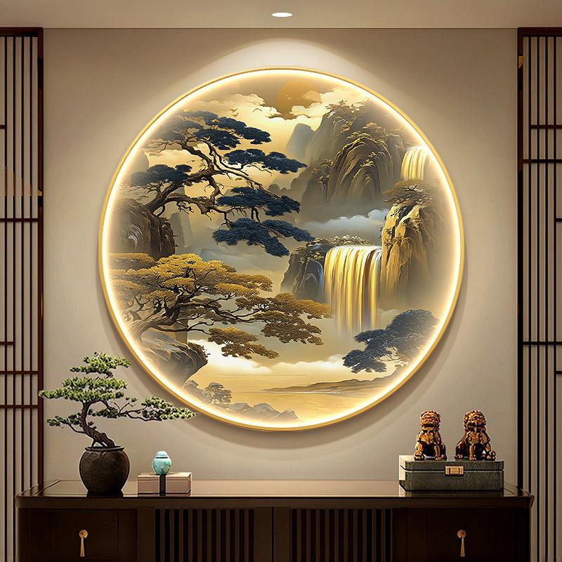 宋代美学山水玄关装饰画流水生财走廊圆形壁画灯适合大白墙的挂画
