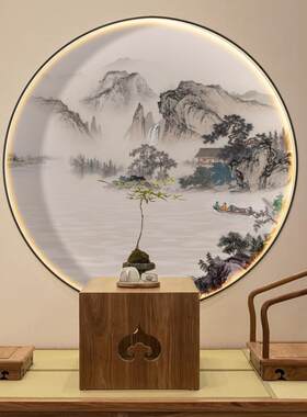 新中国风背景墙壁纸圆形画芯三维装饰画入口大厅山水画禅宗茶室水