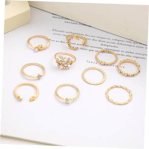 10 Piece Set Star Moon ring diamond heart pearl leaf 戒指女