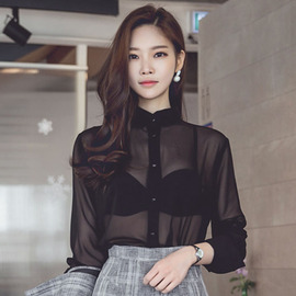 2020春秋款女装韩版修身显瘦透视雪纺衫，上衣时尚百搭黑色长袖衬衫