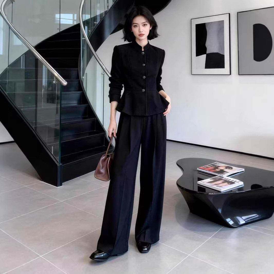 2026新款春季设计感气质两件套装女胖mm阔腿裤中式西装加大码女装