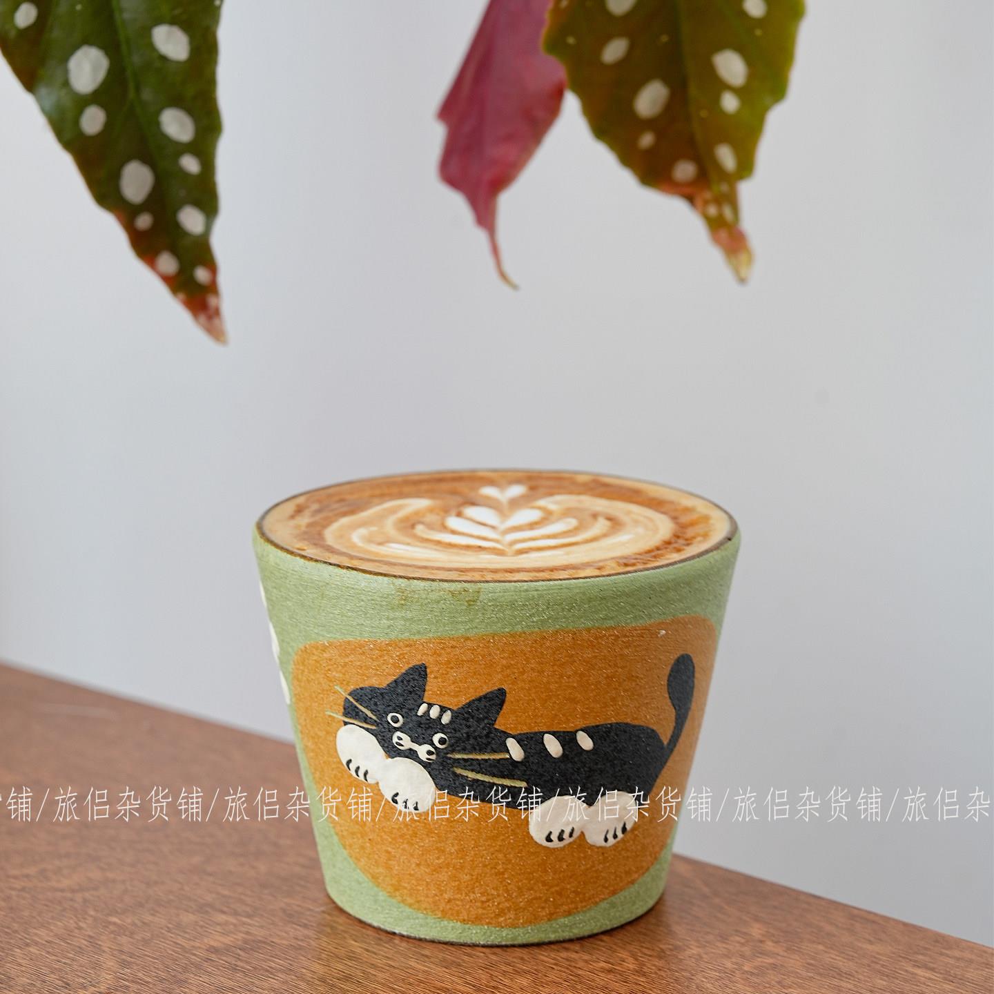 景德镇手绘插画春日慵懒猫紫砂咖啡杯拿铁杯拉花杯可爱杯子主人杯
