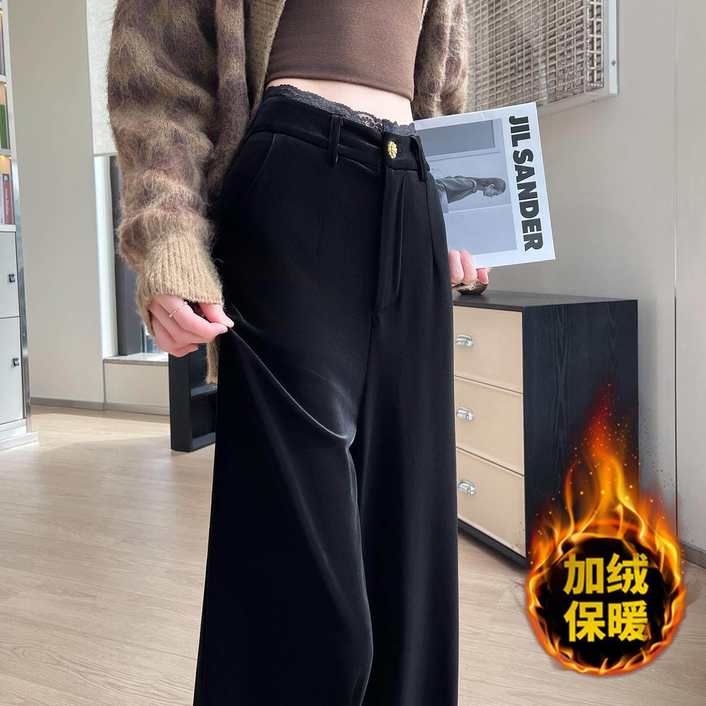 SPYB高级感金丝绒蕾丝腰头黑色西装裤女冬加绒保暖垂感显瘦休闲裤