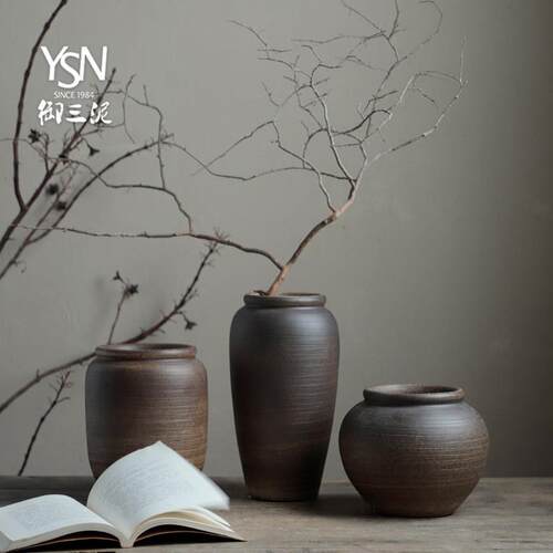 御三泥客厅插花养鲜花装饰摆饰手工粗陶台面陶罐子干 干燥花小花