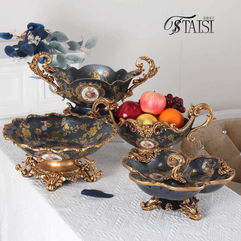 爆款欧式果盘套装客厅奢华高档水果盘家用干果盘创意装饰树脂摆件
