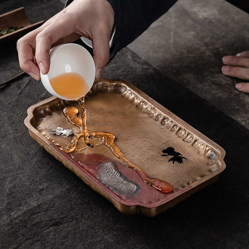 大岸堂金鱼鎏银紫铜壶承手工干泡台长方形蓄水托盘茶台茶道配件