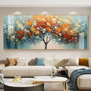 彩色发财树客厅挂画大芬油画村装 沙发背景墙壁画 饰画高档大气横版