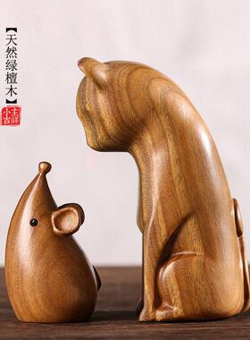 天然绿檀木雕刻猫和老鼠小摆件桌面创意装饰品木质文玩手把件卡通